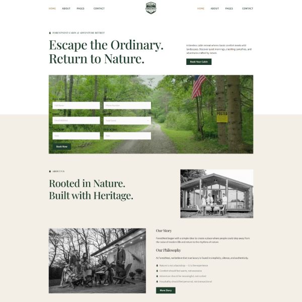 ForestNest - Ecofriendly Cabin Rental Adventure Elementor Template
