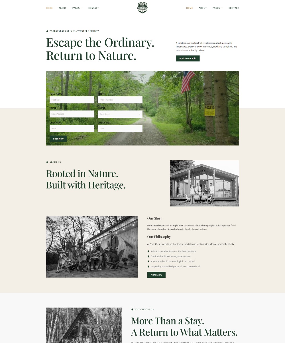 ForestNest - Ecofriendly Cabin Rental Adventure Elementor Template